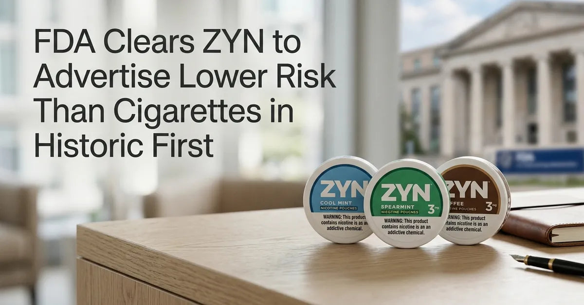ZYN nicotine pouch cans displayed with a subtle FDA-themed background representing the new marketing authorization.