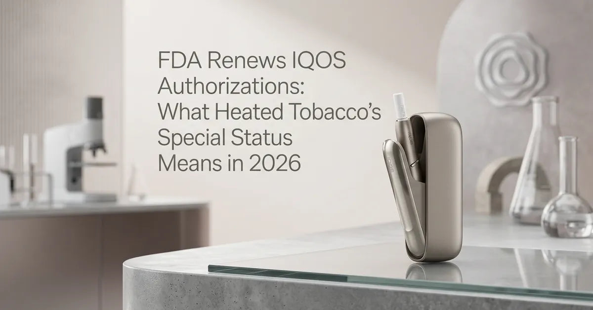 A modern heated tobacco device on a reflective surface representing the IQOS system and FDA regulatory status.
