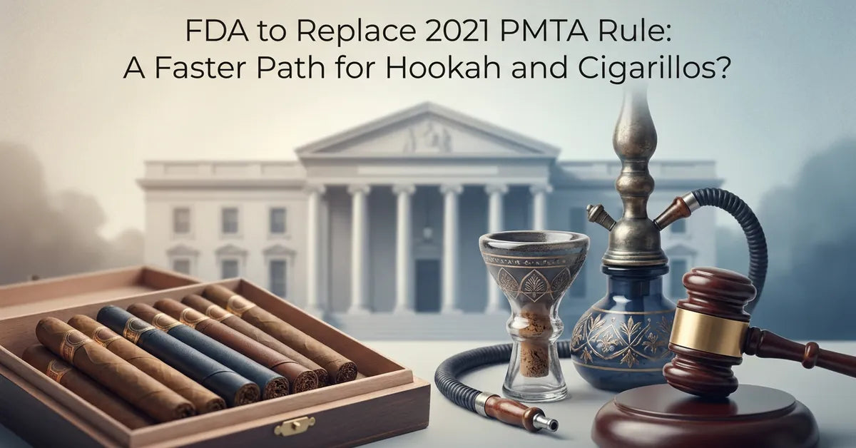 FDA building exterior with tobacco products in the foreground representing new PMTA rulemaking.