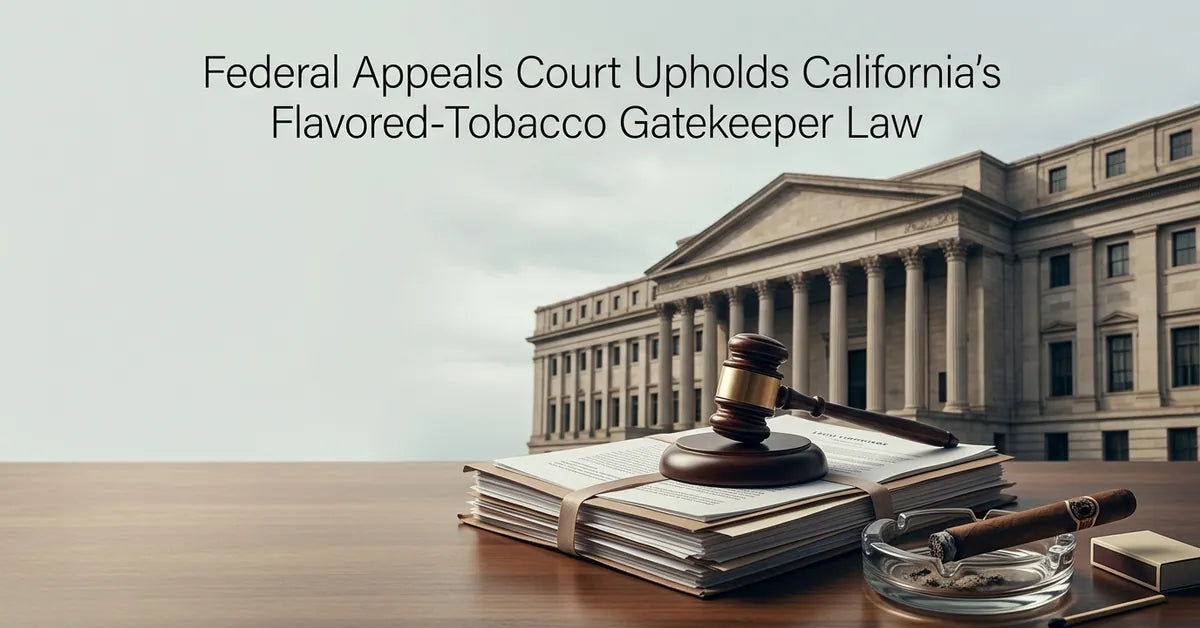 A gavel and a premium cigar resting on legal documents, symbolizing the Ninth Circuit court ruling on California tobacco laws