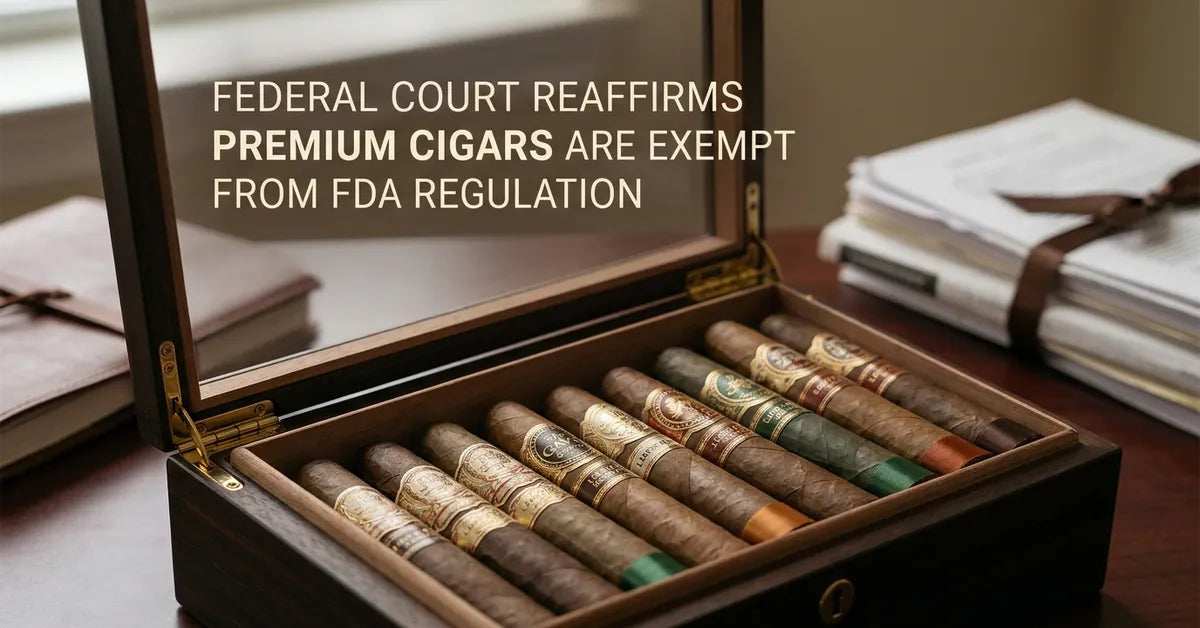 A collection of premium handmade cigars in a wooden humidor, representing the segment exempt from FDA regulation.