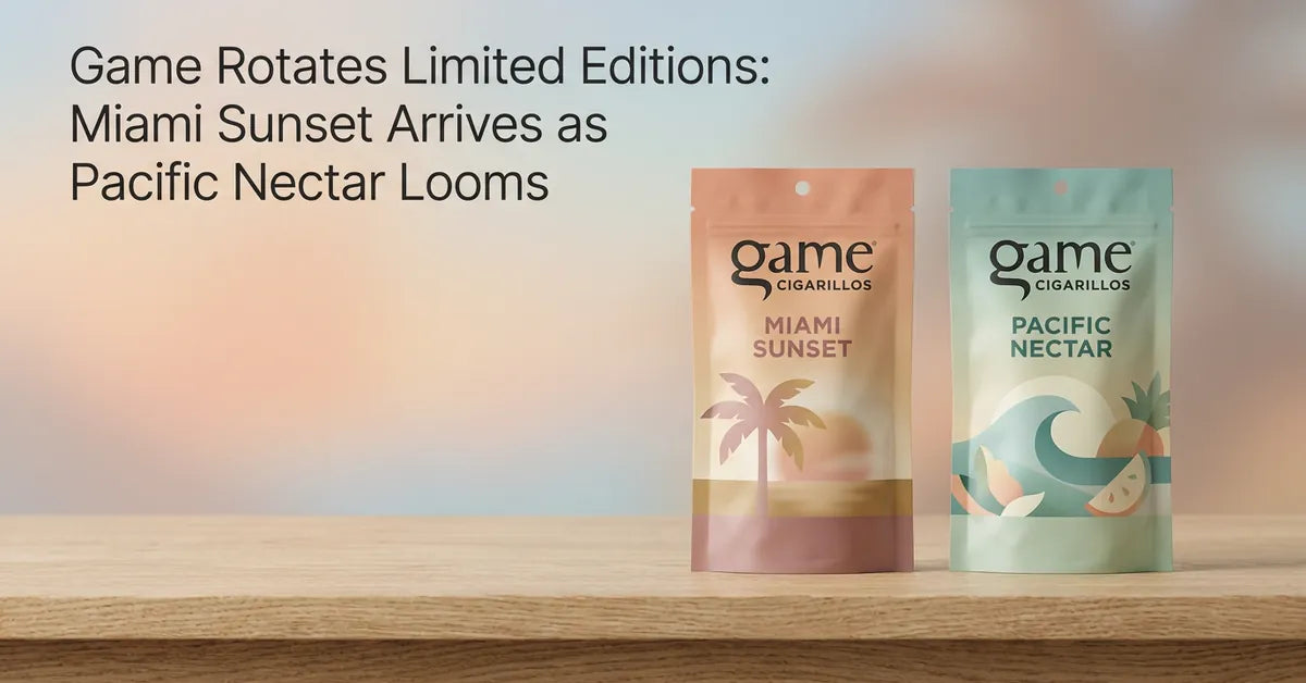 Game Miami Sunset natural leaf cigarillo pouch on a wooden surface.