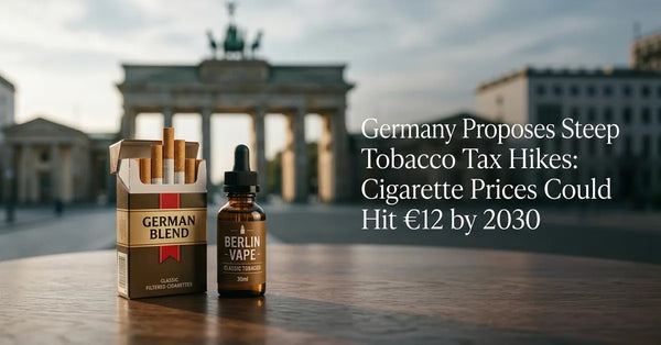 A pack of cigarettes and e-liquid bottle with the Berlin Brandenburg Gate in the background.