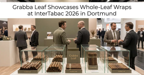 Grabba Leaf trade show booth at InterTabac 2026 in Dortmund, Germany, featuring natural tobacco wraps and international buyer