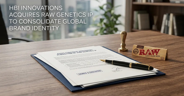 Legal documents and RAW rolling papers on a desk representing the HBI Innovations acquisition of RAW Genetics IP.