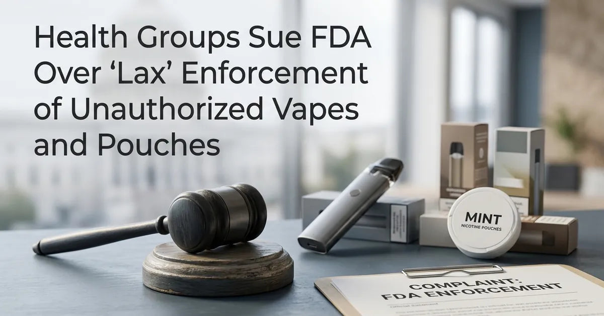 The FDA headquarters building with a legal gavel in the foreground, symbolizing the lawsuit over nicotine product regulation.