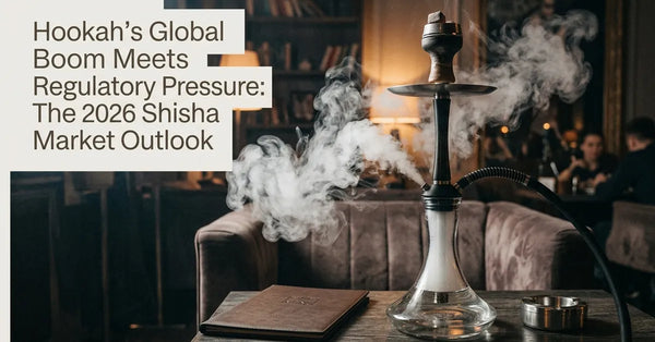 A modern glass hookah with swirling smoke in a dimly lit, premium lounge setting.