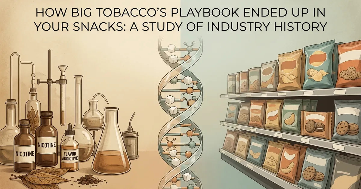 Editorial illustration showing the connection between tobacco industry science and ultra-processed food engineering.