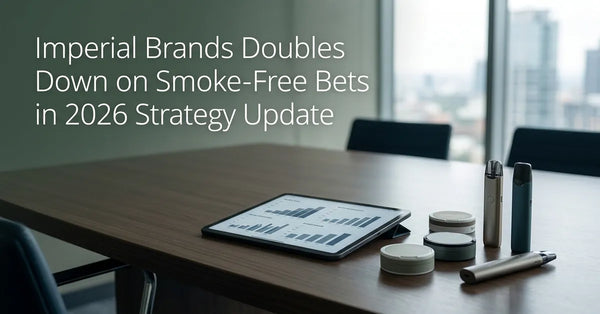 A corporate setting showing financial charts and modern smoke-free nicotine products representing Imperial Brands' strategy.