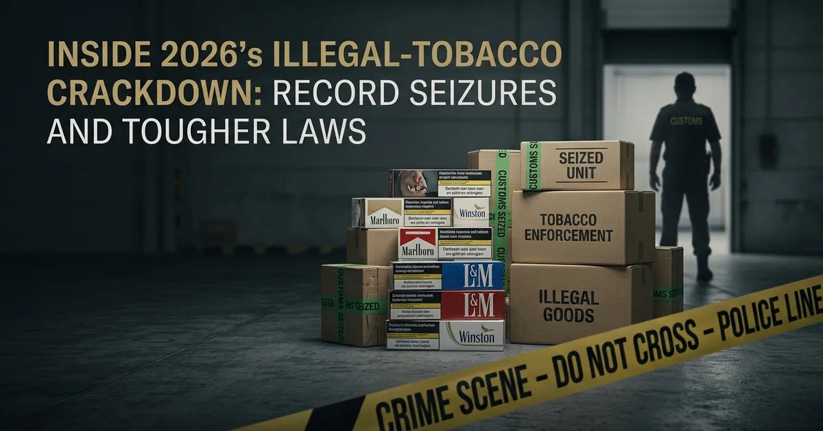 Confiscated illicit tobacco crates in a warehouse with police tape, symbolizing the 2026 global enforcement crackdown.