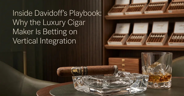 A premium cigar resting in a luxury lounge setting, representing the Davidoff brand's high-end market positioning.
