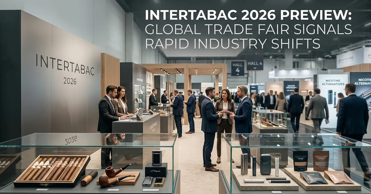 The interior of a large international tobacco trade fair with exhibitors and professional attendees.
