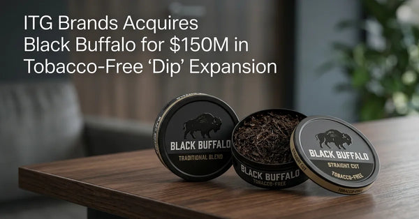 A tin of tobacco-free dip showing the long-cut texture, representing the acquisition of Black Buffalo by ITG Brands.