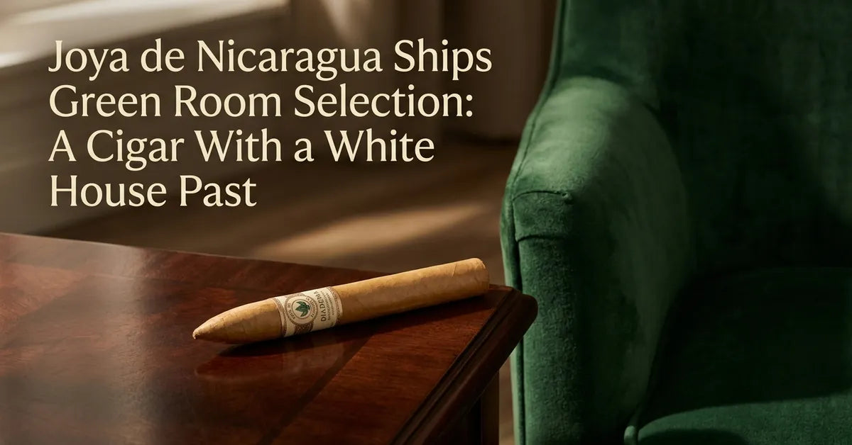A Joya de Nicaragua Clásico Original Green Room Selection cigar resting in a luxury setting.