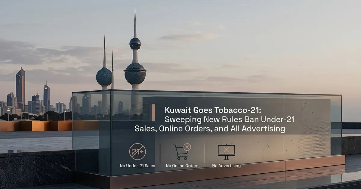Kuwait City skyline with a 21+ age restriction and no-online-sales graphic overlay.