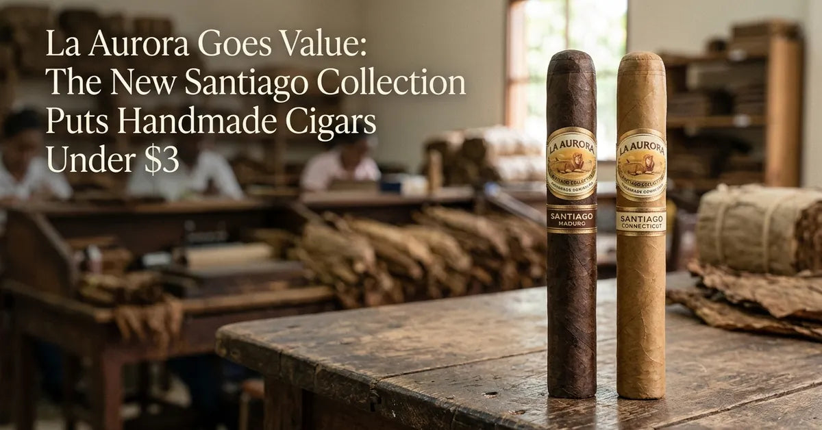 La Aurora Santiago Collection Maduro and Connecticut cigars resting on a wooden surface.