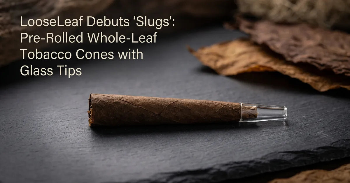 A LooseLeaf Slug pre-rolled tobacco cone featuring a whole-leaf wrap and a built-in glass mouthpiece.