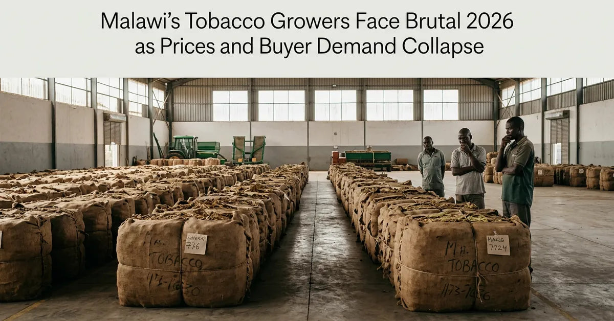 Tobacco auction floor in Malawi with rows of leaf bales during the 2026 selling season.