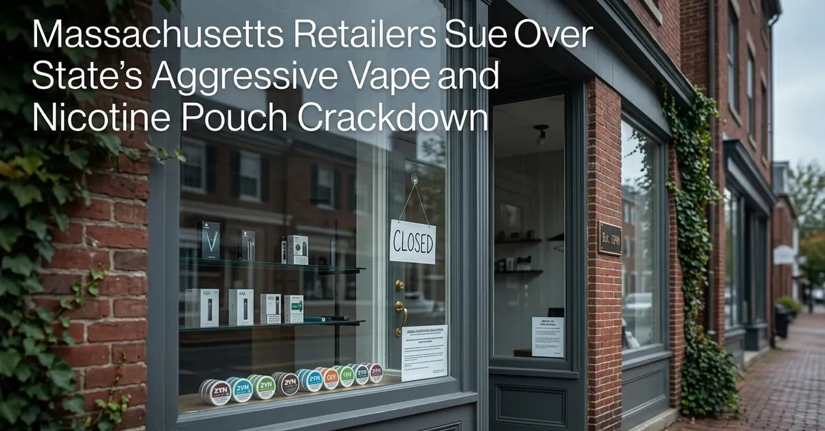 A retail storefront in Massachusetts representing the legal battle over nicotine product sales.