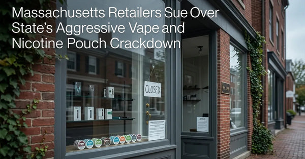 A retail storefront in Massachusetts representing the legal battle over nicotine product sales.