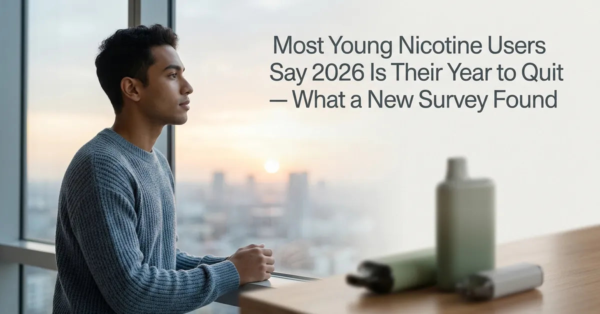 A young adult looking out a window with a blurred vape device in the foreground, representing a quit resolution.