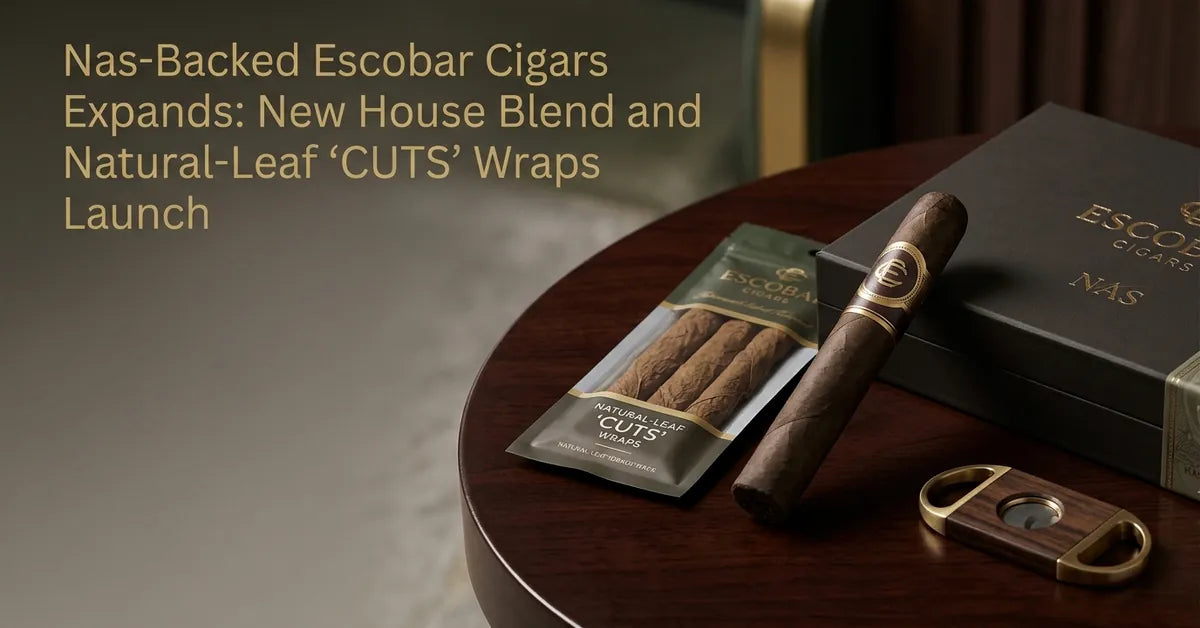 Premium cigars and natural tobacco leaf wraps displayed on a luxury wooden surface.
