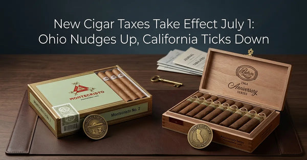 A gavel and premium cigars on a desk representing tobacco tax law changes.