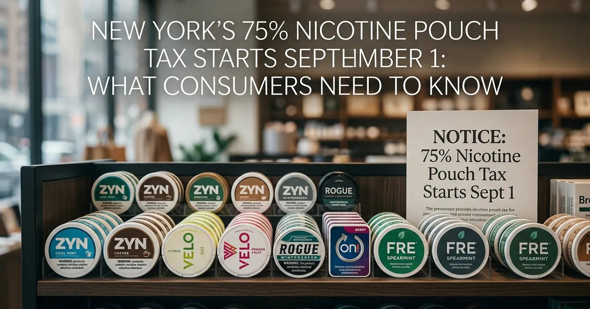 Nicotine pouches on a retail shelf with a blurred tax notice in the background, representing the New York 75% tax increase.