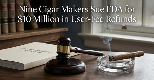 A legal gavel and a premium cigar on a desk, symbolizing the tobacco industry lawsuit against the FDA.