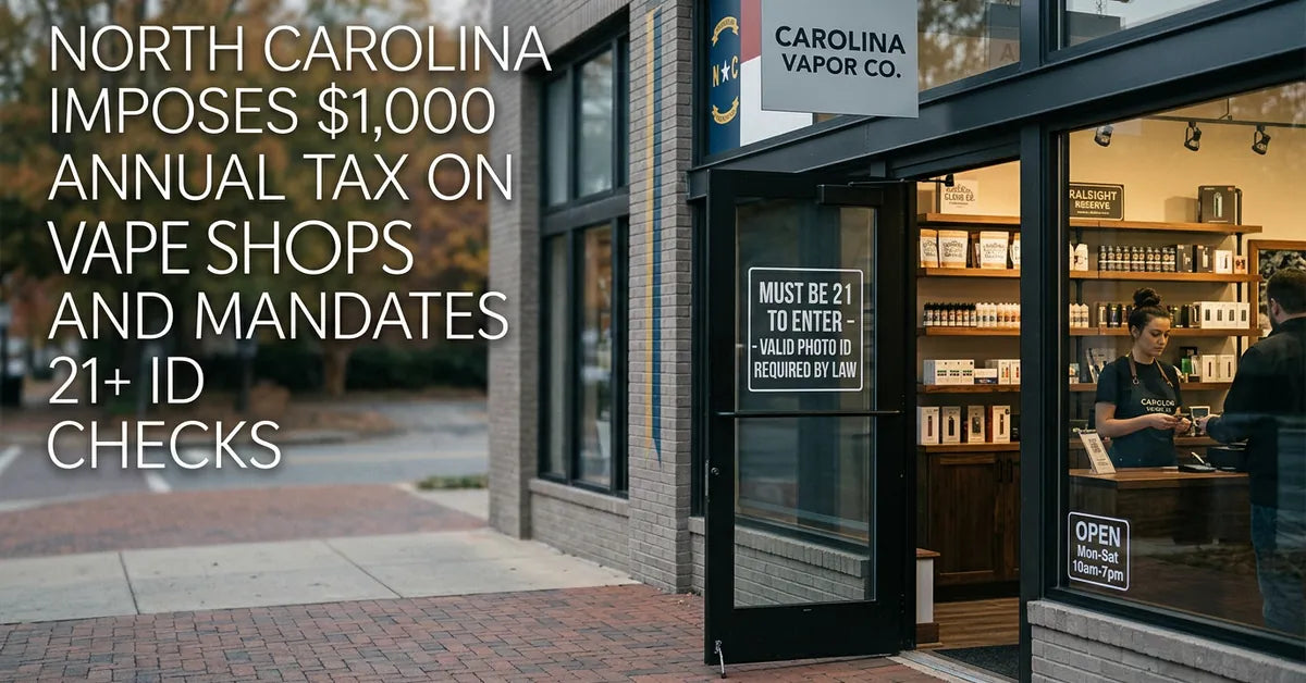 A retail storefront displaying age restriction signs, representing new North Carolina vape regulations.