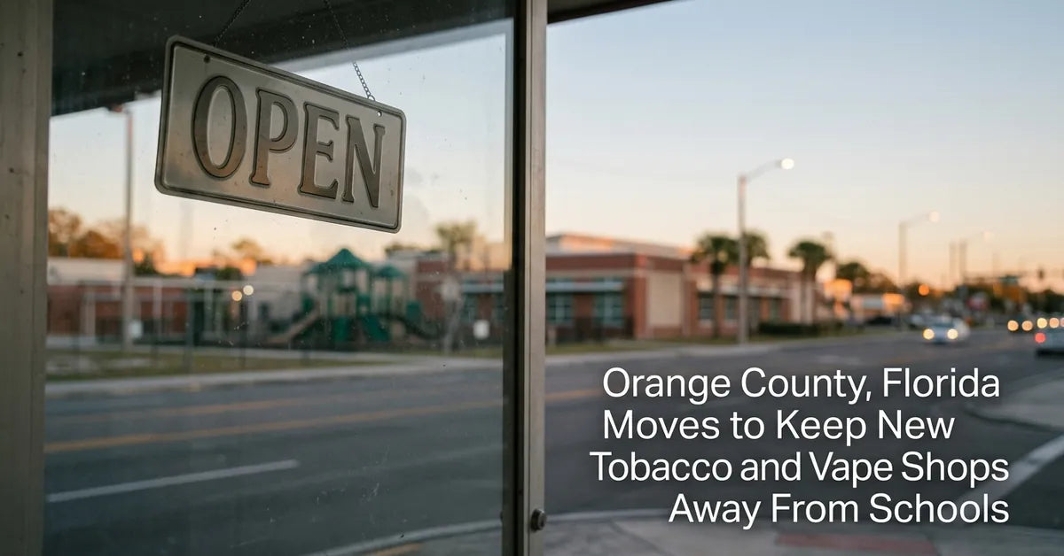 A shop window with an open sign in the foreground and a school building visible in the background across the street.