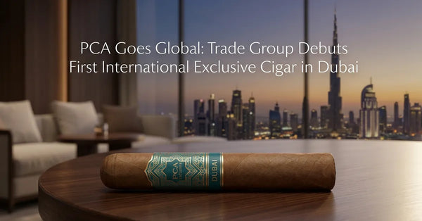 A premium cigar with Middle Eastern inspired branding resting on a table with the Dubai skyline in the background.