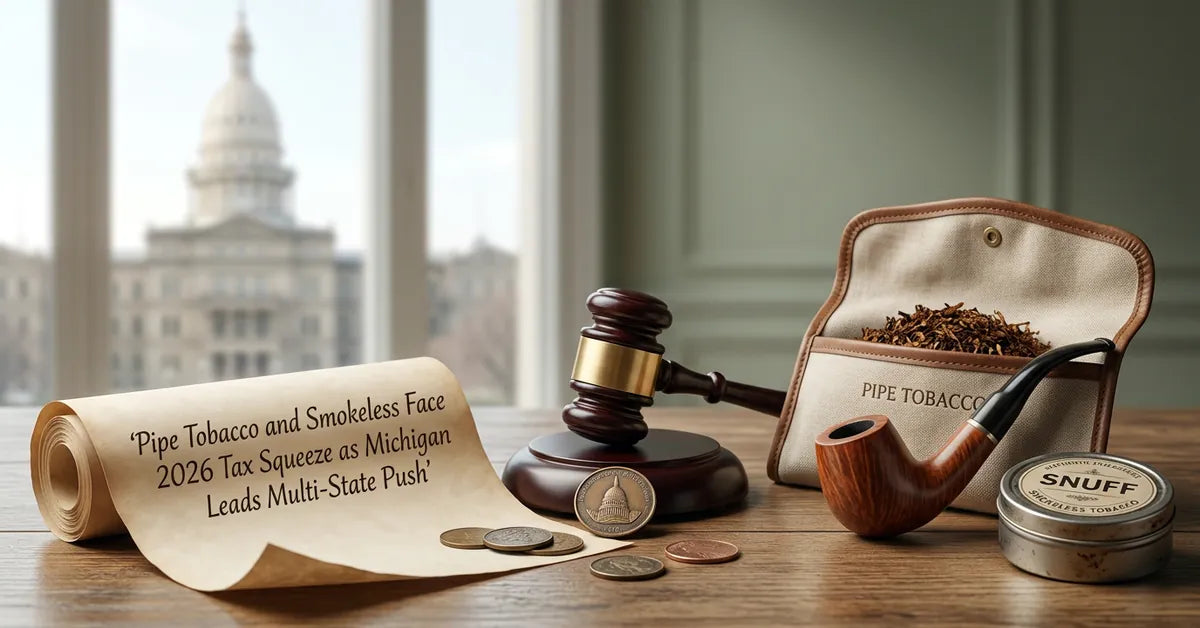 A gavel and tobacco products symbolizing new state tax legislation for 2026.