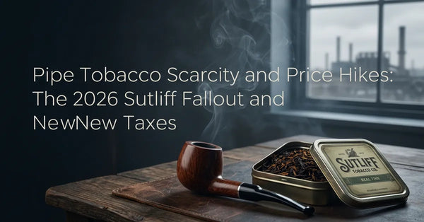A classic wooden pipe and tobacco tin on a table, symbolizing the pipe tobacco industry.