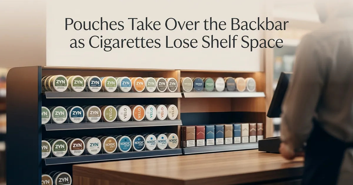 A convenience store backbar showing the transition from cigarette packs to modern nicotine pouch displays.