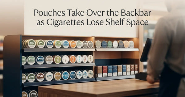 A convenience store backbar showing the transition from cigarette packs to modern nicotine pouch displays.