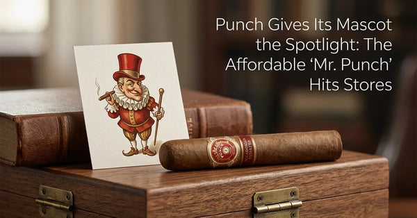 A Mr. Punch by Punch cigar resting on a wooden surface with the brand's iconic mascot in the background.