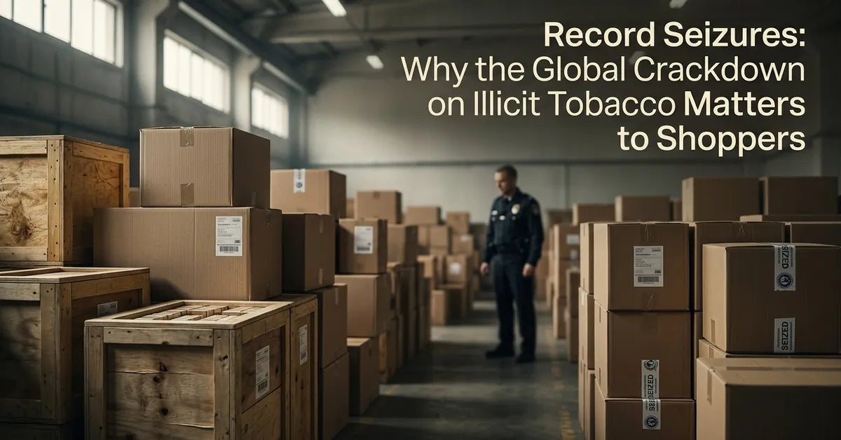 A large warehouse filled with confiscated illicit tobacco crates and cigarette boxes under dramatic lighting.
