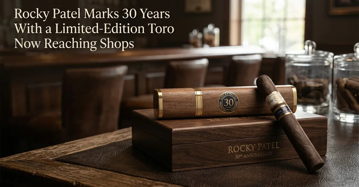 Rocky Patel 30th Anniversary Limited Edition cigar in a square tube resting on a leather box.