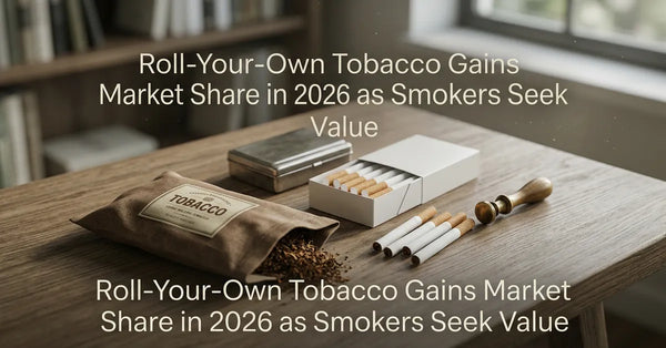 A bag of loose tobacco and a cigarette injector machine on a wooden table, representing the roll-your-own tobacco market.