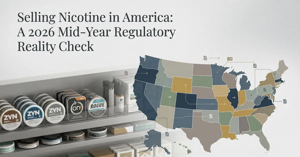 A conceptual image showing a retail tobacco shelf overlaid with a fragmented map of the United States.
