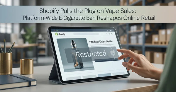 A digital tablet displaying a restricted product message, symbolizing the Shopify vape ban.