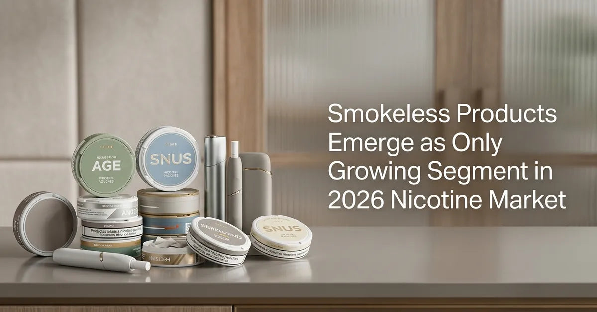 A retail display of modern nicotine pouches and smokeless tobacco products representing market growth.