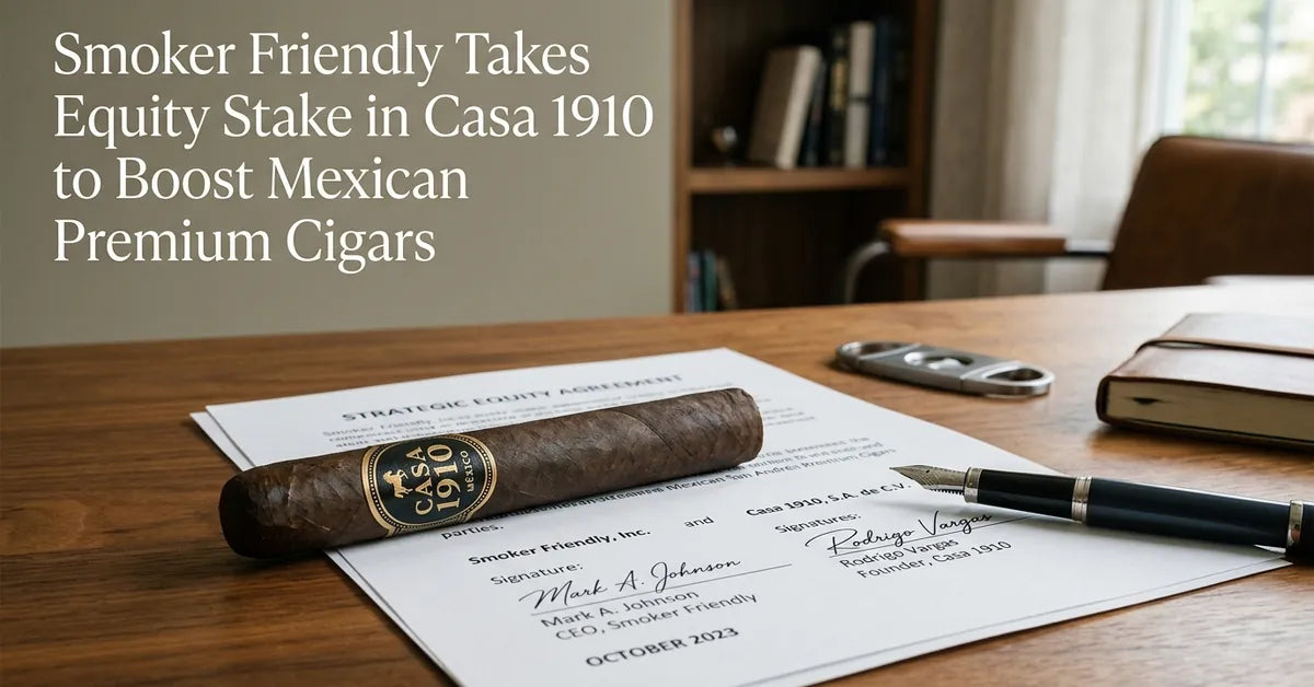 A premium cigar resting on a business contract, symbolizing the equity partnership between Smoker Friendly and Casa 1910.