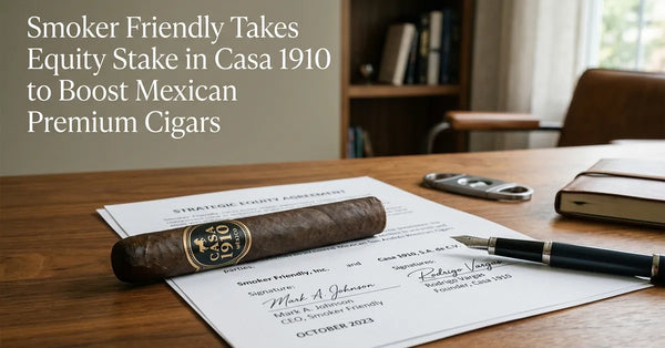 A premium cigar resting on a business contract, symbolizing the equity partnership between Smoker Friendly and Casa 1910.