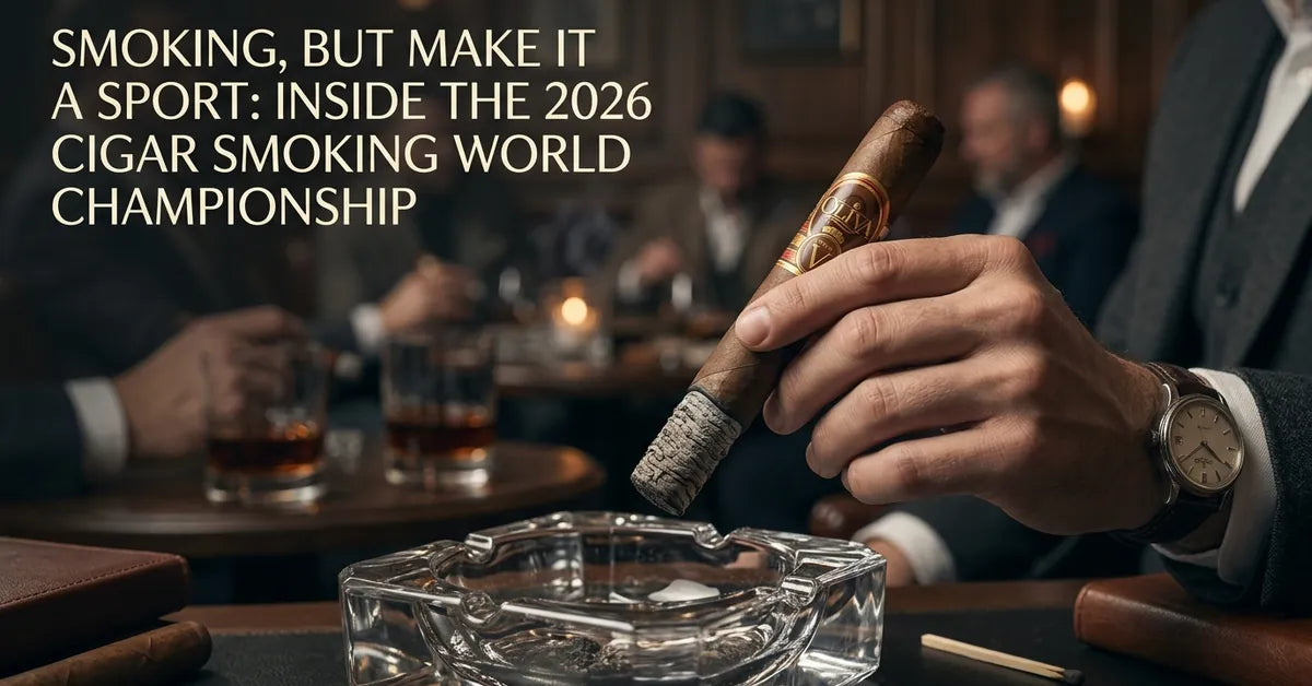 A close-up of a premium cigar with a long ash in a luxury lounge setting, representing the Cigar Smoking World Championship.
