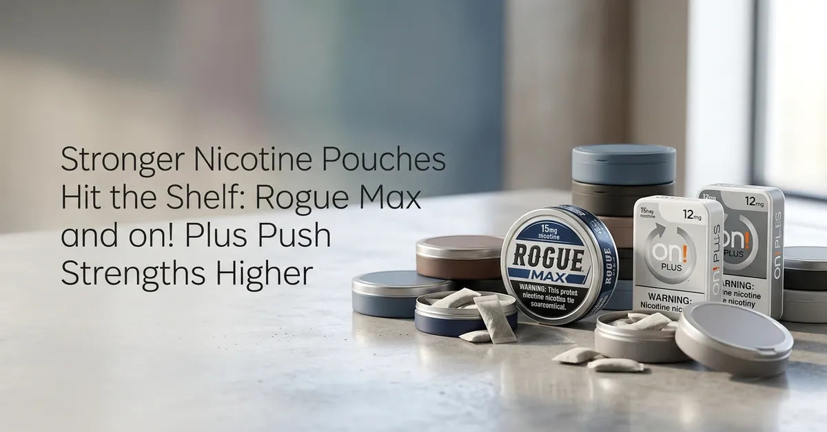 Close-up of modern nicotine pouch cans highlighting high nicotine strength labels on a reflective surface.