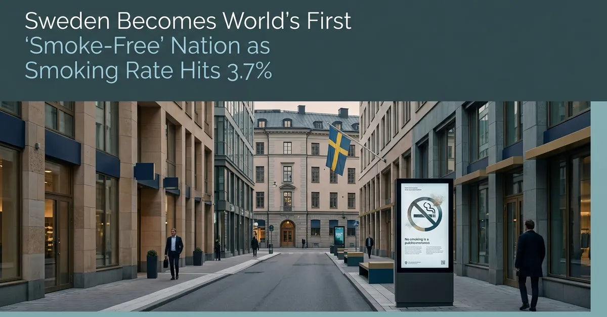 A modern street scene in Stockholm, Sweden, symbolizing the country's transition to a smoke-free status.