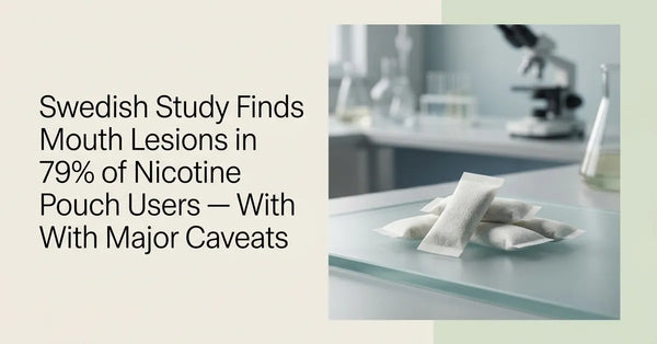A white nicotine pouch on a glass surface in a clinical laboratory setting.
