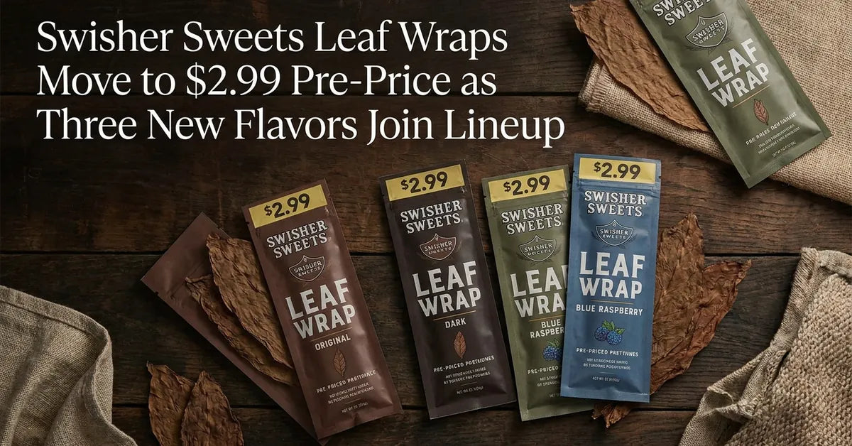 Assorted Swisher Sweets Leaf Wrap pouches showing the new $2.99 pre-price and new flavor varieties.